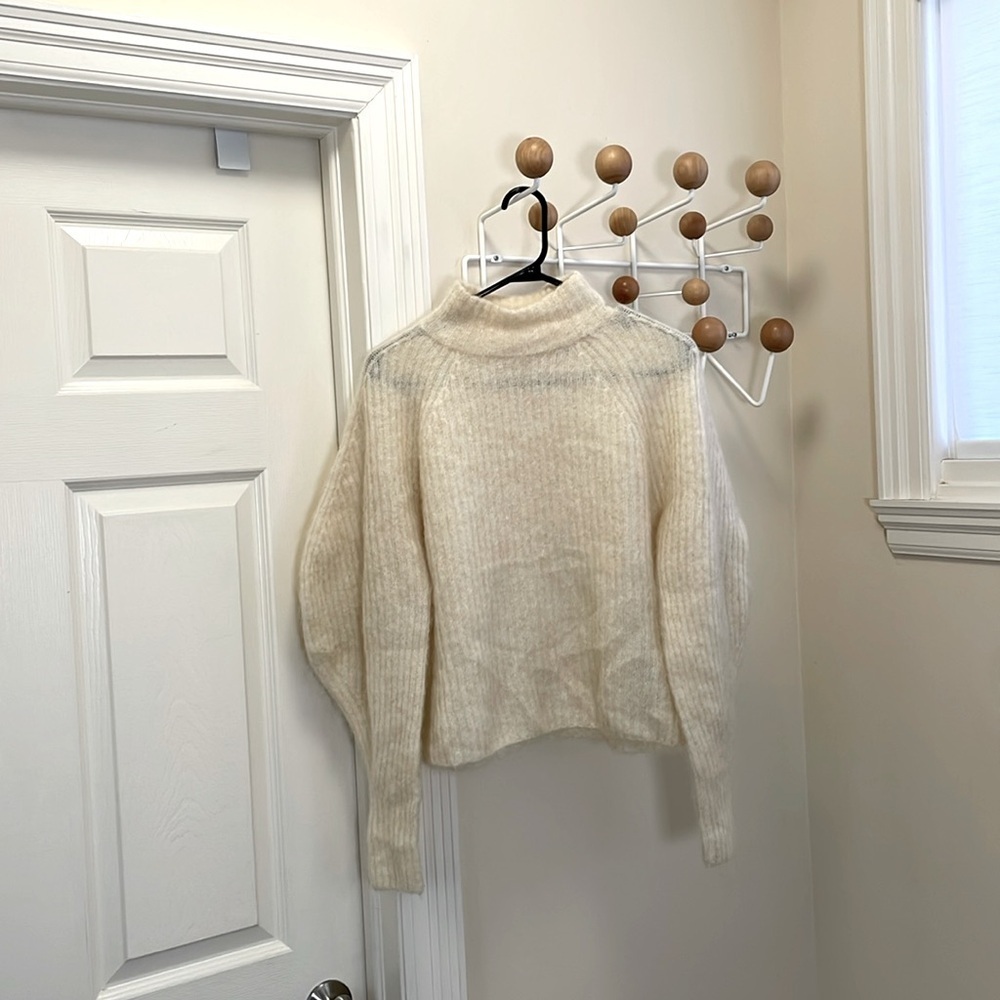 H&M - Mohair Blend Puffy Sleeves Comfy Mock Neck Sweater - Cream - S